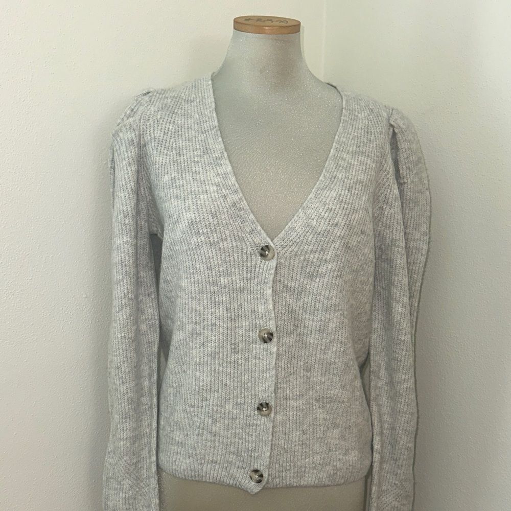 1State 1 State grey gray button cardigan sweater small s puff sleeve